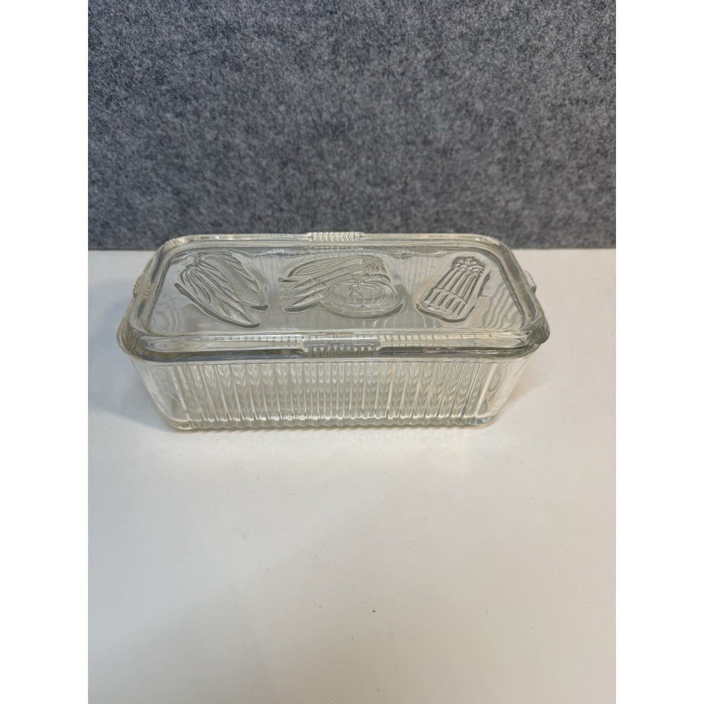 Vintage FEDERAL Glass REFRIGERATOR Storage Dish Ribbed Vegtables On Lid